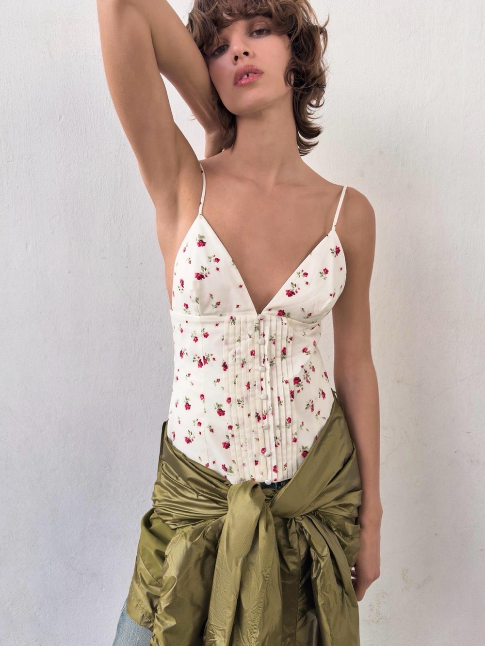 Zara White Floral Pintuck Spaghetti Strap Camisole